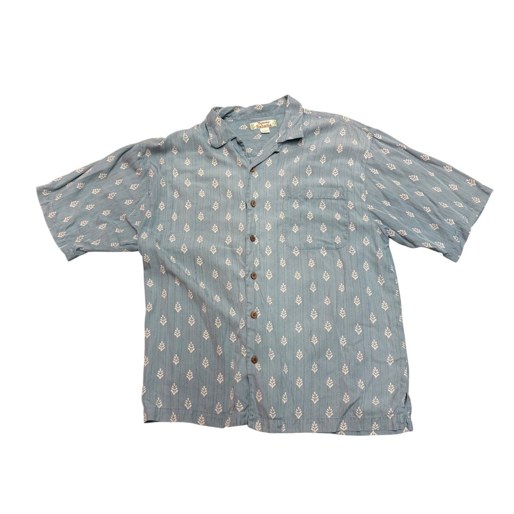 Tommy Bahama Mens Blue 100% Silk Herringbone Leaf Print Camp Shirt Large